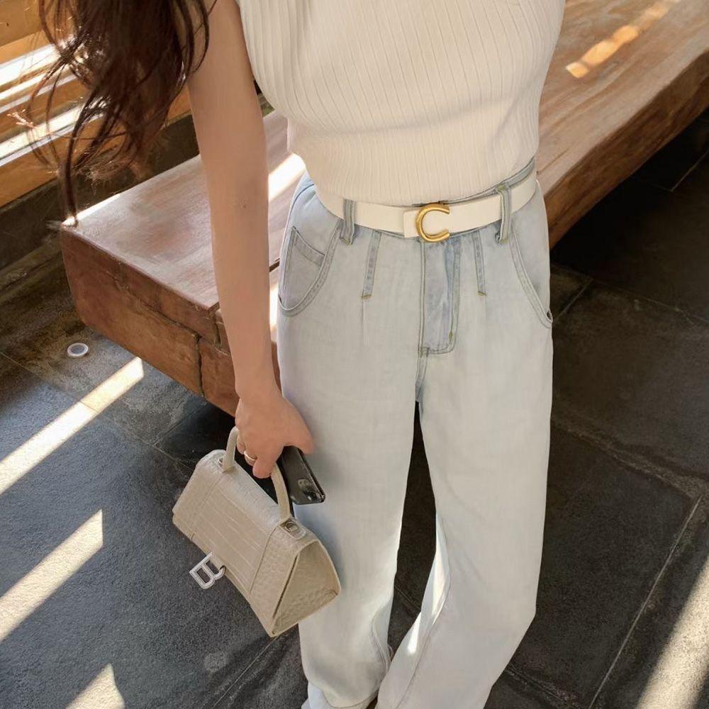 Thắt Lưng Bản Rộng Màu Trơn Khóa Kim Loại Hình Chữ C Đơn Giản Thời Trang Cho Nữ