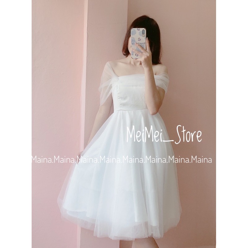 Đầm/váy công chúa midi trắng dự tiệc hàng chuẩn loại 1, bốn lớp bồng bềnh có ảnh thật Maina