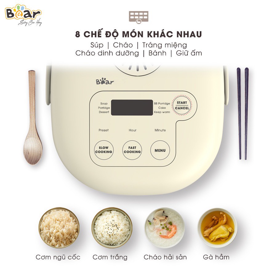 Nồi cơm điện đa năng thông minh Bear 2L, 8 chế độ nấu lõi nồi 5 lớp chống dính giữ nhiệt