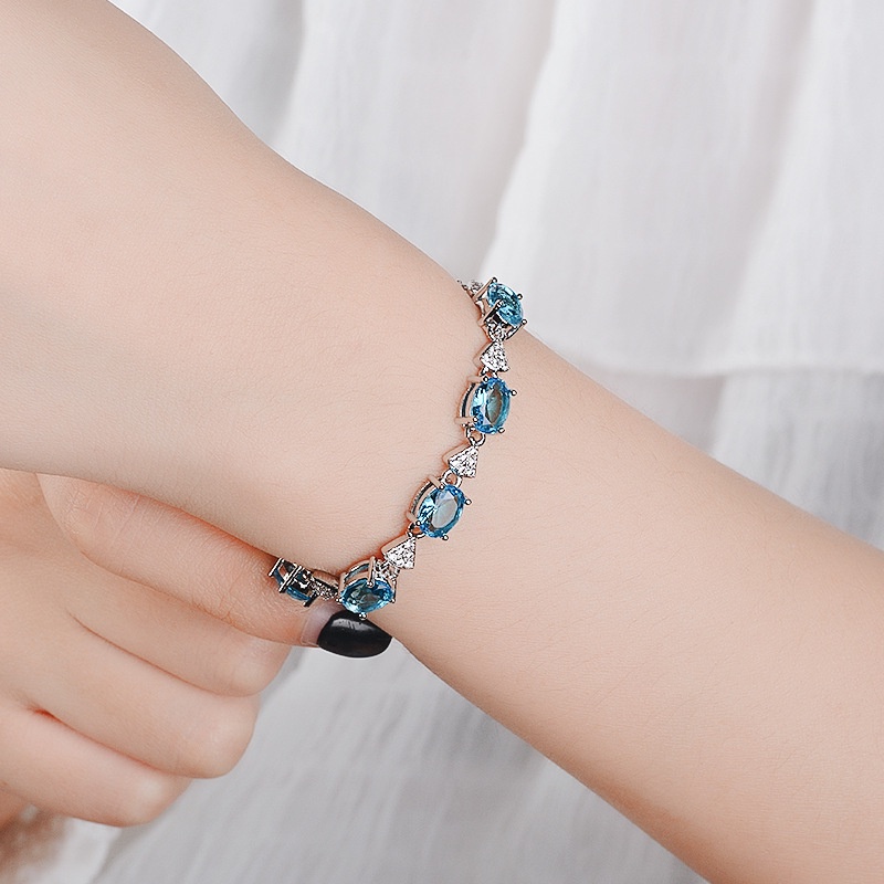 Ximilu♥Vòng Tay Bạc 925 Đính Đá Topaz Xanh Thời Trang Dành Cho Nữ