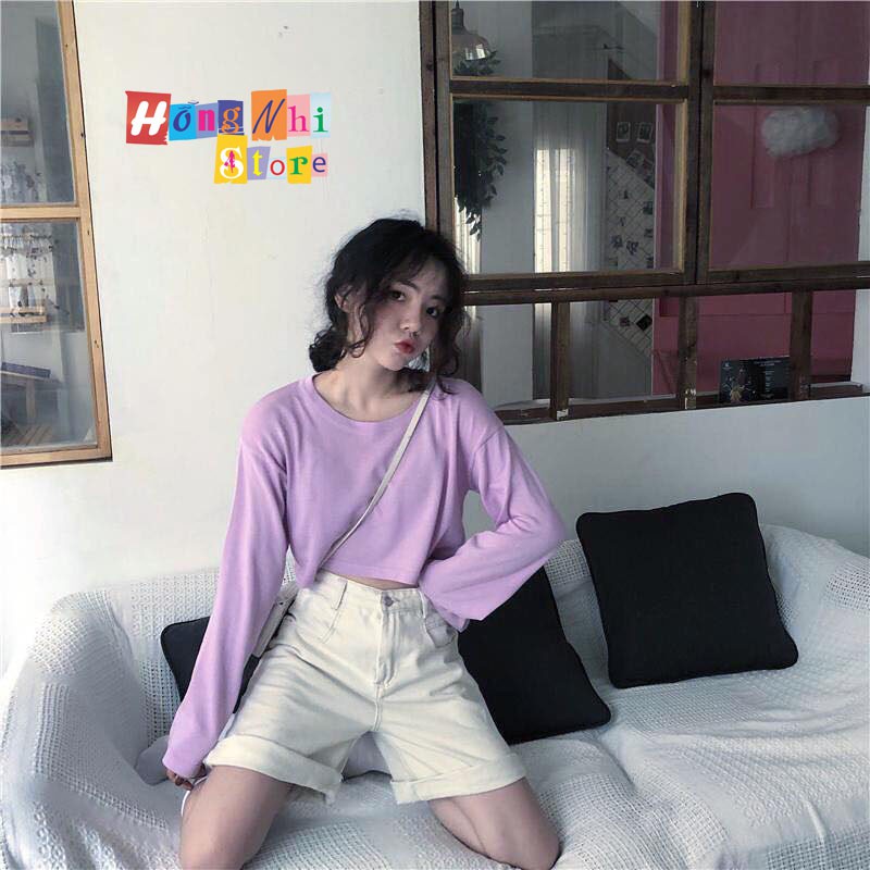 Áo Croptop Trơn Tay Dài Dáng Rộng Màu Tím Long Tee Ulzzang - MM
