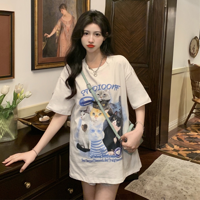 Áo Thun T-shirt Cotton Mềm Co Giãn Tay Ngắn In Hình Mèo Thời Trang Hàn Quốc Cổ Điển Dành Cho Nam Nữ