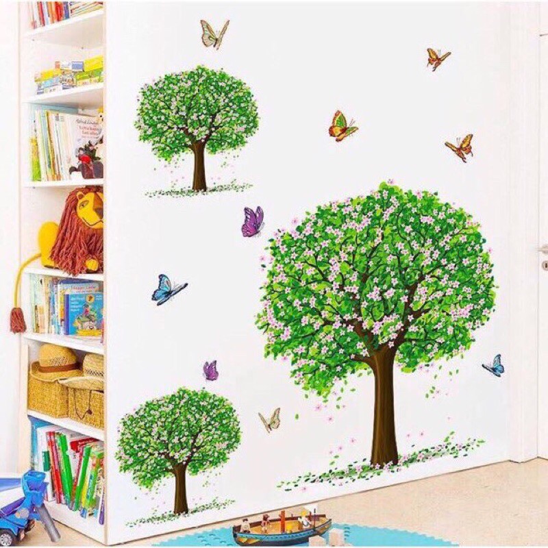 Decal giấy dán tường 3 cây xanh hoa và bướm trang trí nhà, phòng khách