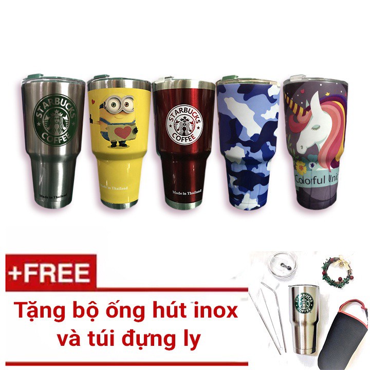 Bộ Ly giữ nhiệt Thái Lan 900ml, Cốc giữ nhiệt kèm Bộ Ống hút bình cốc cách nhiệt inox cao cấp