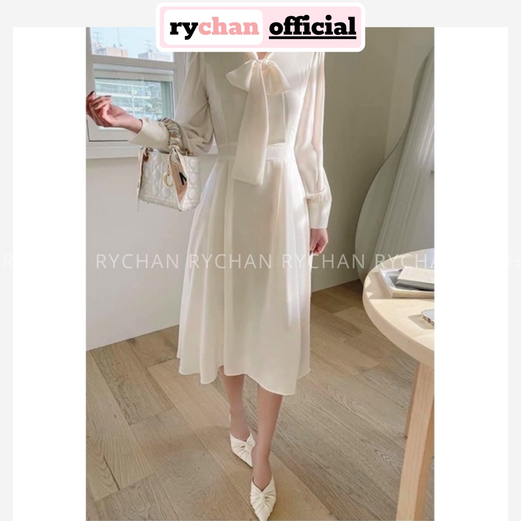 Đầm Nữ Phong Cách Tiểu Thư Tay Dài Cổ Thắt Nơ Dáng Dài Màu Trắng Cực Đẹp - DX9828