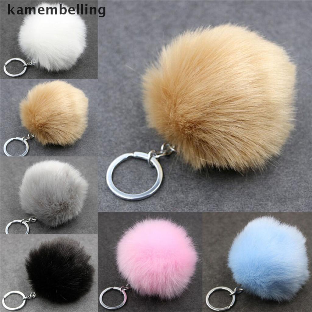 Móc gắn chìa khóa bằng kim loại màu bạc gắn quả cầu lông thỏ giả may mắn