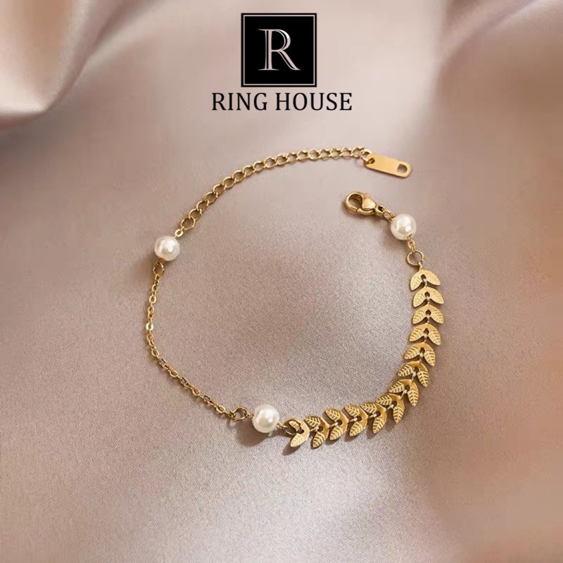 B004 Vòng Tay Nữ Lắc Tay Nữ Titan Thiết Kế Hàn Quốc Lá Mạ Vàng Xinh Đẹp Sang Dễ Thương Ring House