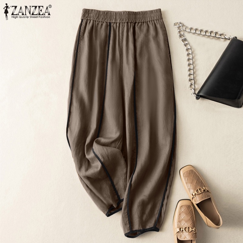 Quần dài ZANZEA lưng thun ống rộng có túi thời trang dành cho nữ