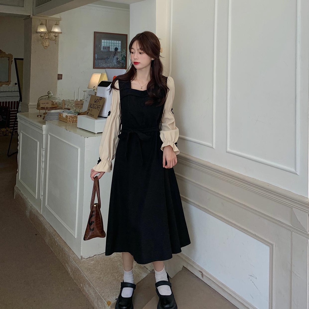 Đầm Tay Phồng Cổ Vuông Thiết Kế Mới Thời Trang Mùa Thu Dành Cho Nữ