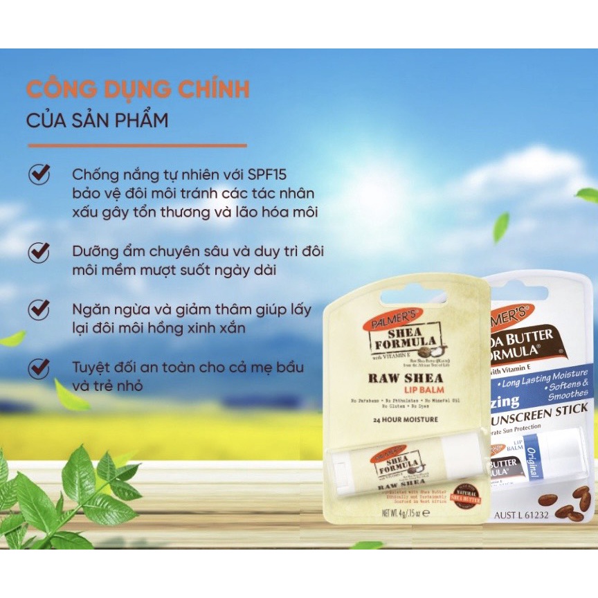 Son dưỡng môi bơ hạt mỡ Palmer's Shea Formula With Vitamin E Raw Shea Lip Balm 4g - ngăn ngừa thâm, giảm khô, nứt môi
