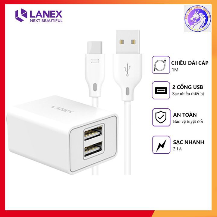 Bộ Sạc Nhanh Lanex LCK-06CC 2 Cổng USB Type-C 2.1A Dài 1m Tương Thích Điện Thoại Android - BH12 Tháng