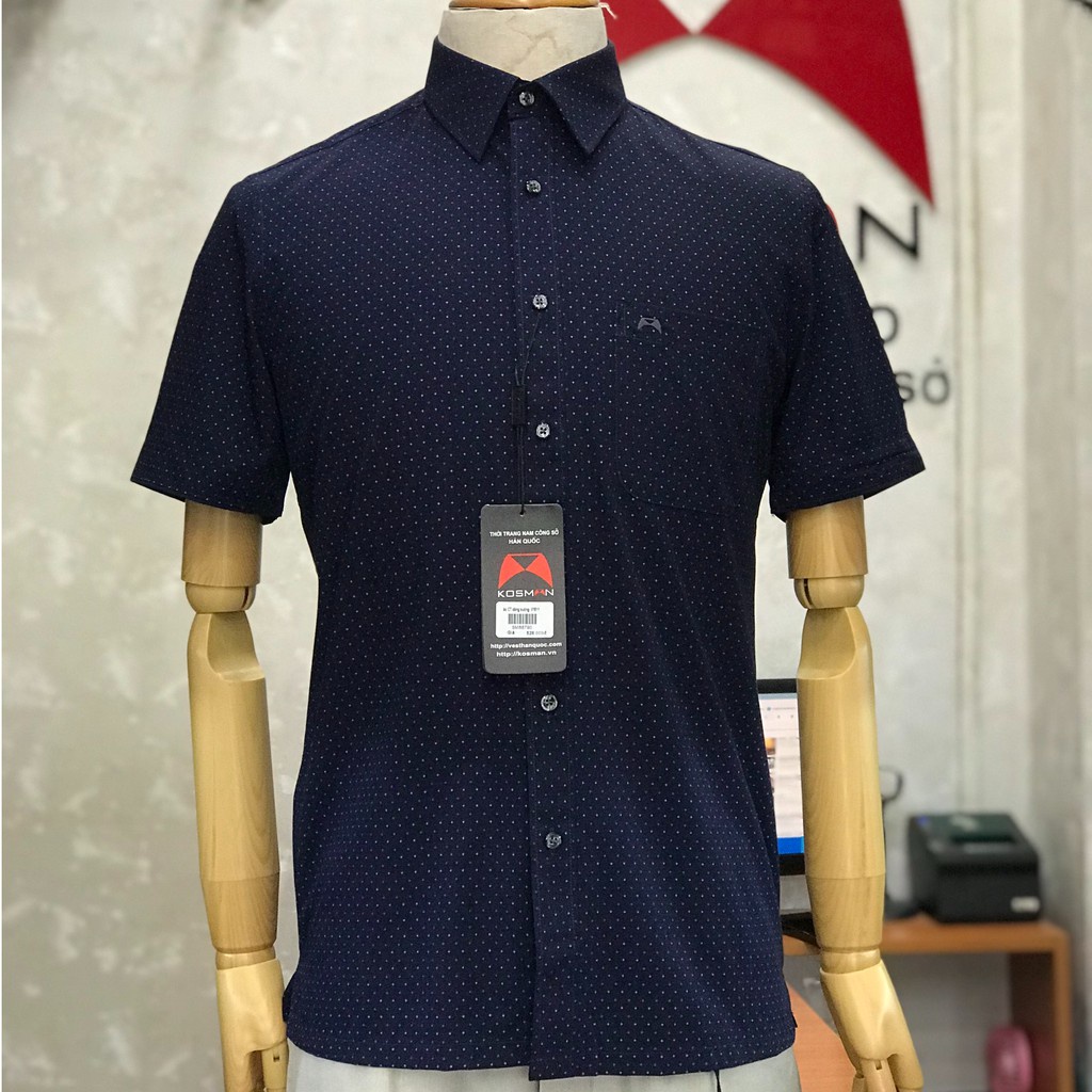 Áo sơ mi Nam ngắn tay Regular thương hiệu K.o.s.m.a.n màu xanh tím than chấm nhỏ - SM887