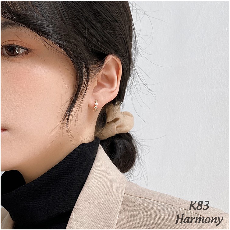 Khuyên tai tròn nữ bạc đính 3 đá nhỏ xi kim và mạ vàng Lina dễ thương | HARMONY ACCESSORIES K83