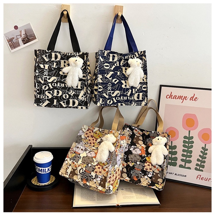 Túi Tote Vải Canvas Cỡ Lớn In Hoạt Hình Phối Khóa Kéo Chuyên Dùng Cho Học Sinh