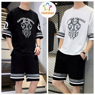 Bộ quần áo nam thể thao cộc tay mặc mùa hè in Hoa Văn, chất thun cotton 2 màu đen/trắng VST
