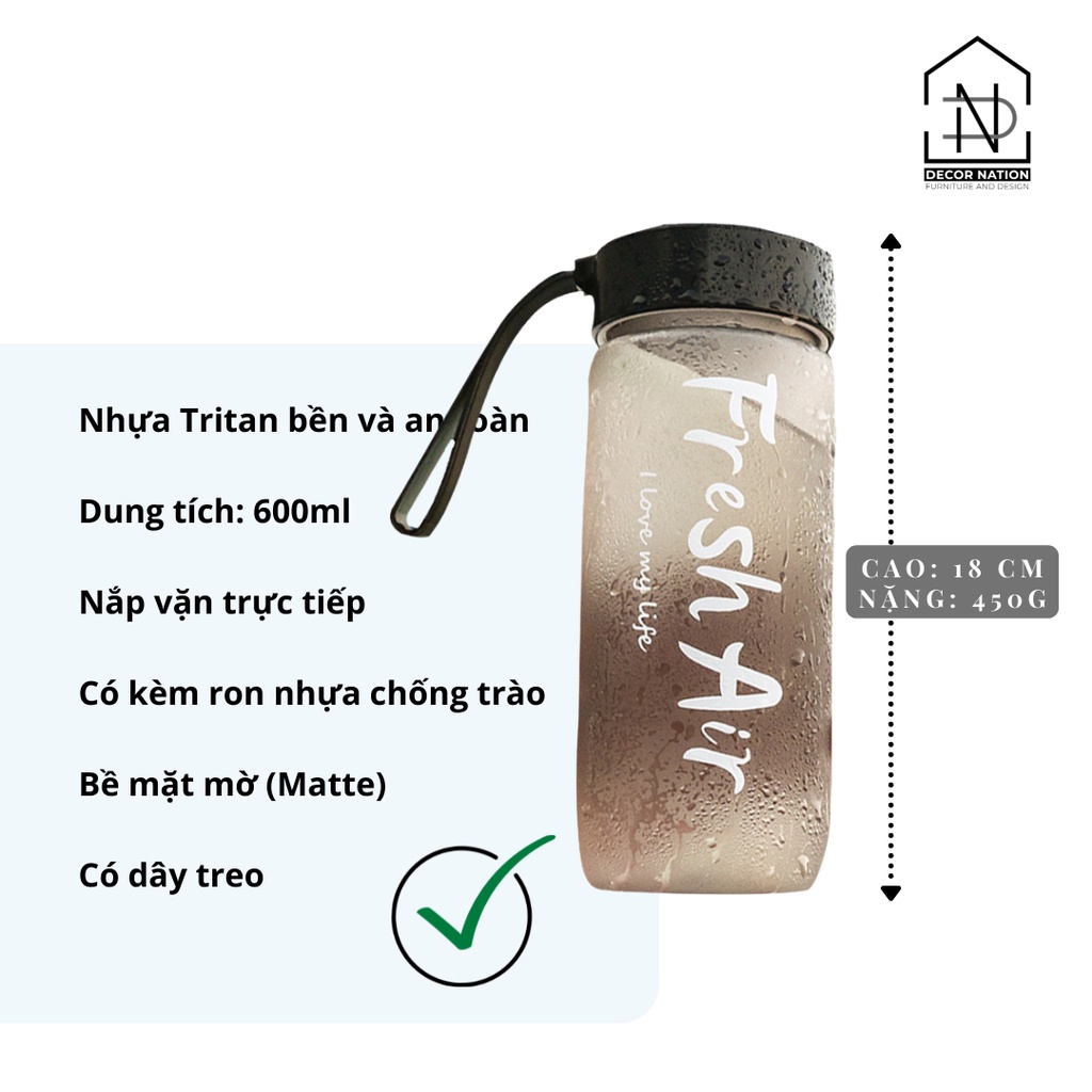 Bình Nước Nhựa Trong Suốt và Matte Có Quai Dung Tích 500ml-520ml-600ml Thể Thao Học Sinh