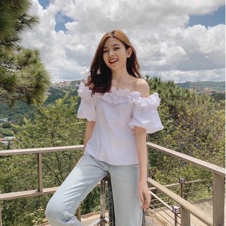 Áo peplum trễ vai nhún bèo tay lỡ