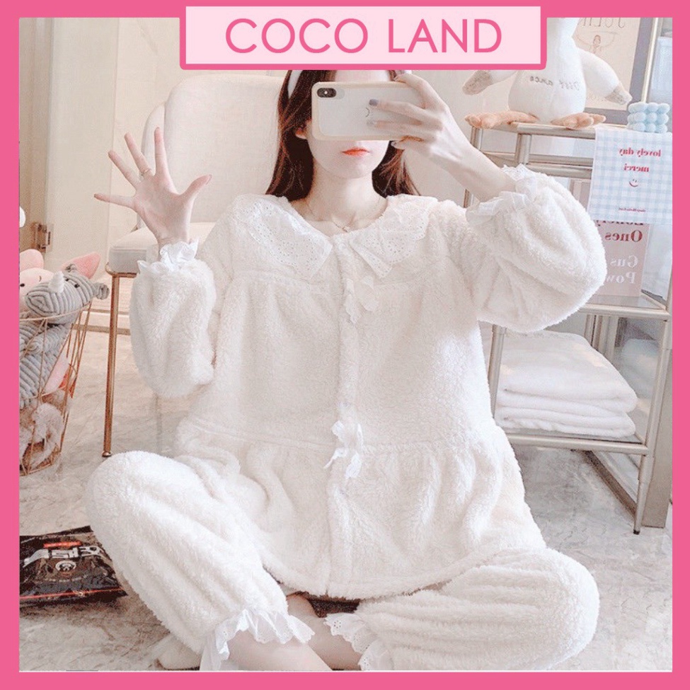 Bộ đồ mặc nhà thu đông nữ, bộ ngủ nữ lông phối viền màu trắng điệu đà chất đẹp, thoáng hút mồ hôi