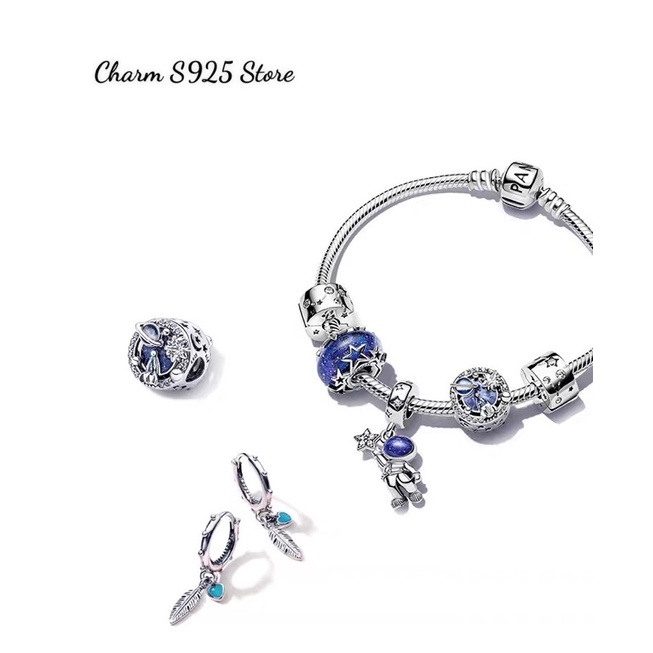 charm pan hoạ tiết vũ trụ đính đá xanh bạc s925 cao cấp