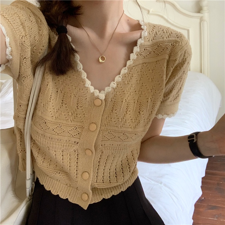 Áo dệt kim SUXI ngắn tay màu trơn phong cách vintage đơn giản thời trang mùa hè