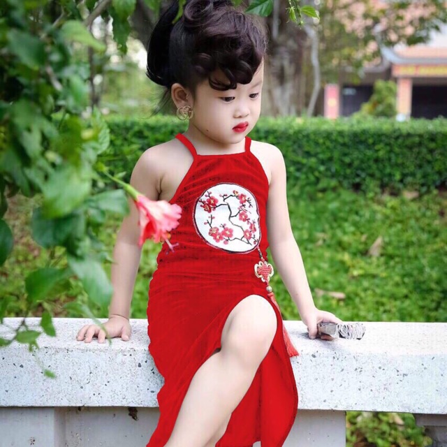Đầm Nhung Xẻ Tà Bé Gái Kèm Ảnh Thật
