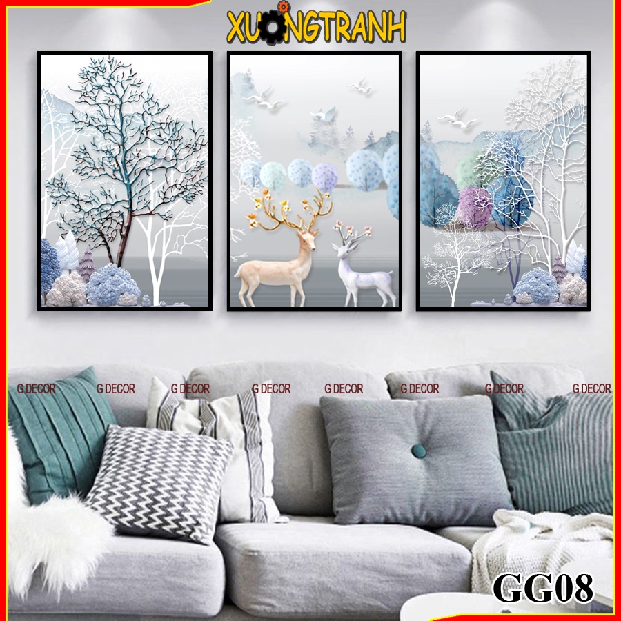 Tranh treo tường canvas 3 bức phong cách Bắc Âu 08, tranh hươu tài lộc trang trí phòng khách, phòng ngủ, phòng ăn, spa