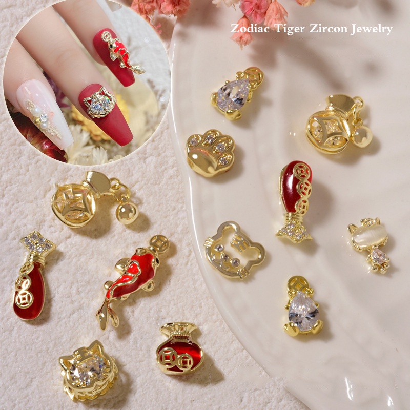 Charm Tết Nhâm Dần 2022 hình con hổ, cá chép, đồng xu may mắn, trang trí móng tay, hàng mới về