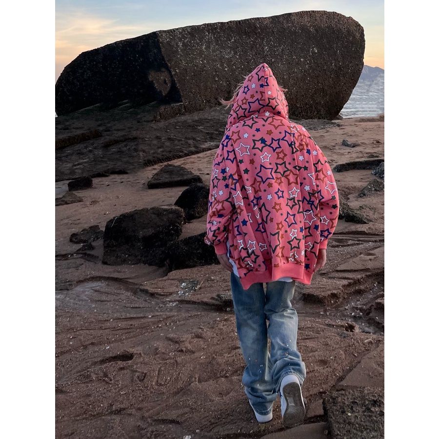 Áo Hoodie Tay Dài Dáng Rộng In Hình Ngôi Sao Năm Cánh Phong Cách Preppy Dễ Phối Đồ