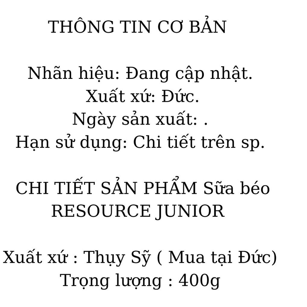 Sữa tăng cân, phát triển chiều cao thể chất cho bé Resource Junior Nestle chuẩn Đức 400g-Hàng Đức