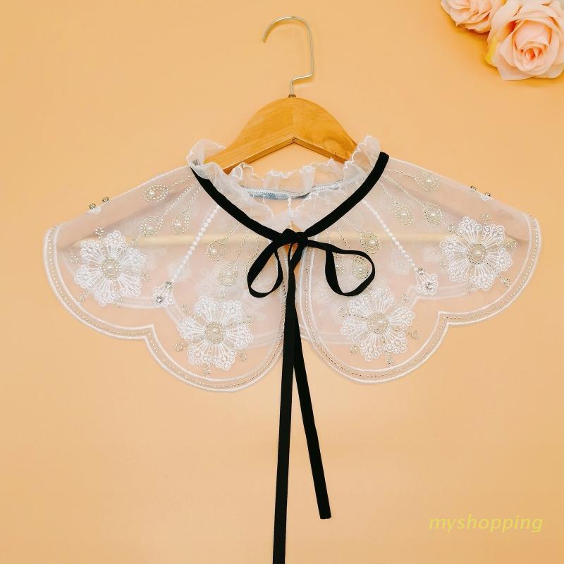 Cổ áo giả thắt nơ thêu họa tiết đính ngọc trai dành cho nữ