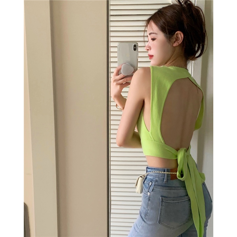 QADCOL Áo Croptop Sát Nách Lưng Cao Thiết Kế Cột Dây Sau Lưng Cá Tính