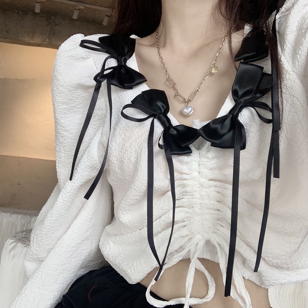 Áo Kiểu Dây Rút Xếp Ly Ôm Dáng Màu Sắc Tương Phản Họa Tiết Kẻ Sọc Phối Nơ Xinh Xắn Cho Nữ