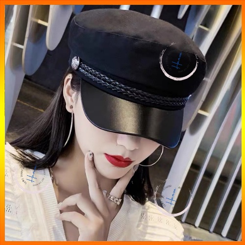 Mũ Beret Nữ Thủy Thủ Chất Dạ Vành Da Kèm Đai Vặn Thừng Đính Cúc Cá Tính Phong Cách Sang Chảnh Hanva