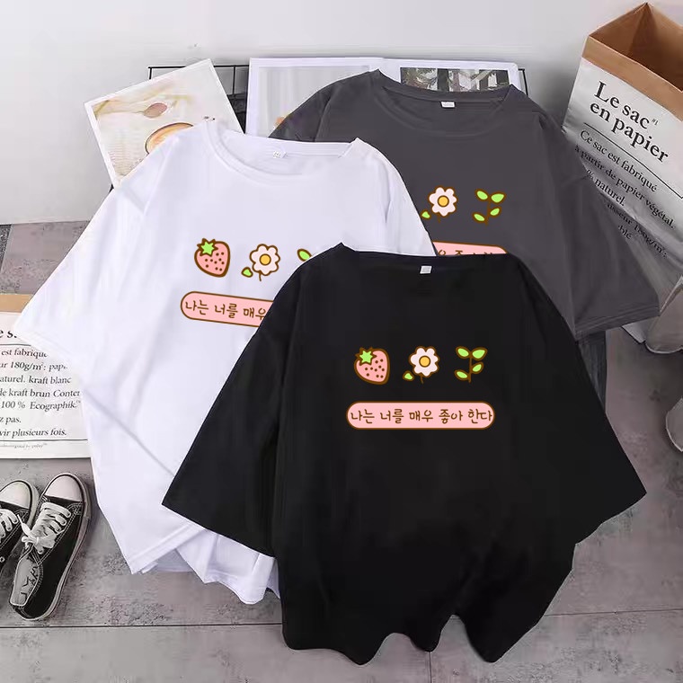 ÁO THUN UNISEX FORM RỘNG IN DÂU HOA CÚC CHỮ HÀN CỰC ĐẸP