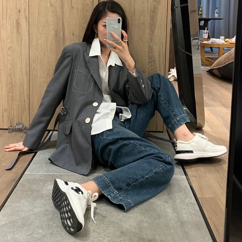 Quần Jean Ống Rộng Lưng Cao Thêu Họa Tiết Xinh Xắn Theo Phong Cách retro Hàn Quốc