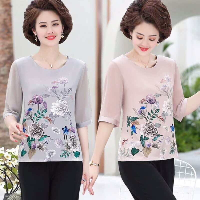 Áo nữ trung niên in nền hoa 3D sang trọng , chất phi lụa nhẹ mát NP1671