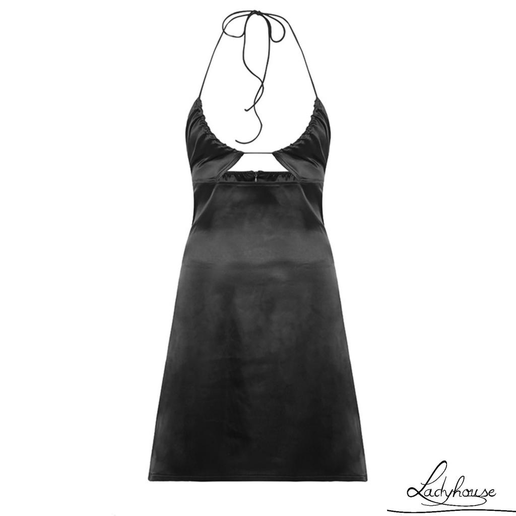 Đầm Ngắn Không Tay Cổ Yếm Cắt Thấp Màu Trơn Thời Trang Mùa Hè Cho Nữ