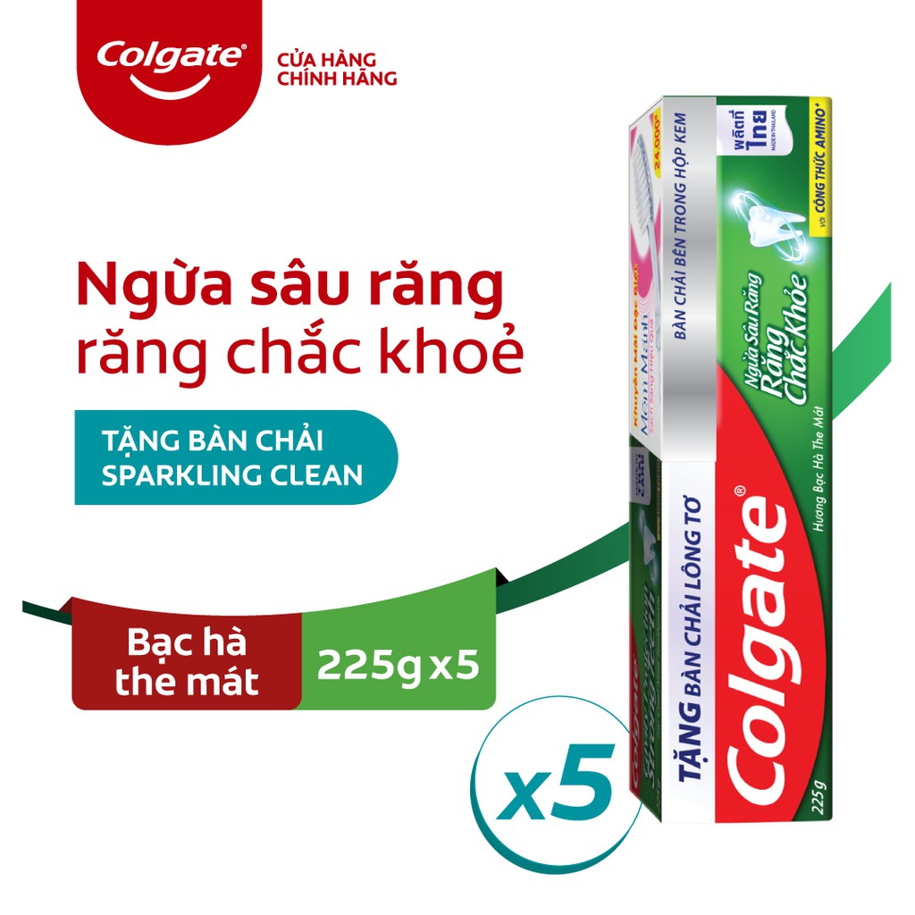 Bộ 5 Kem đánh răng Colgate ngừa sâu răng tối đa 225g/hộp tặng bàn chải đánh răng