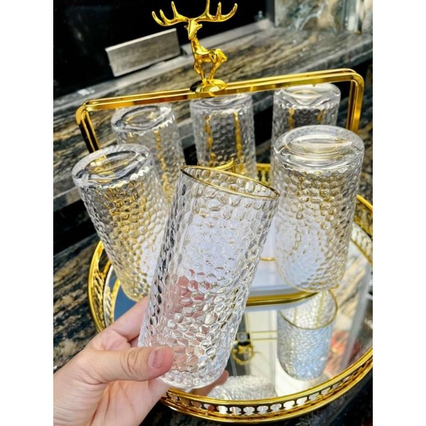 Bộ 6 Ly Thủy Tinh Vân Nhám Viền Vàng
