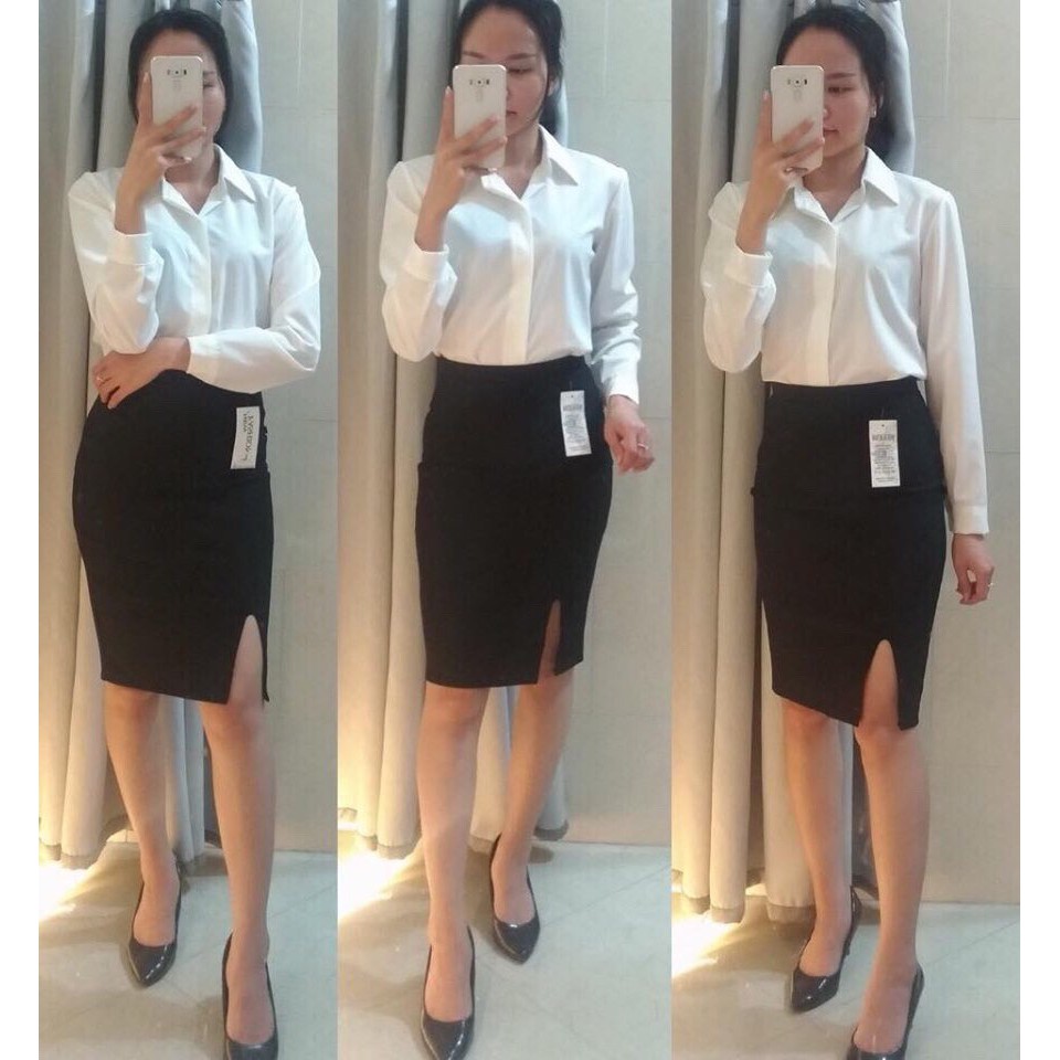 Set Áo Sơ Mi Màu Trắng DÀI TAY + Chân Váy Công Sở Thời Trang Nữ