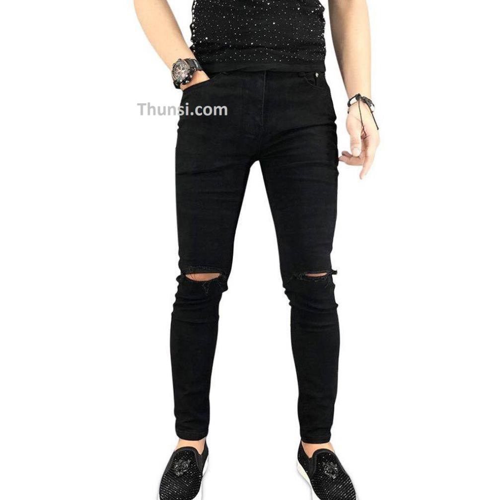 SALE Quần Jean Nam Chất Bò XuMon Trơn Đen Quần Jean Nam Rách Gối Chất Cotton Co Giãn Dáng Ôm Ống Côn .One