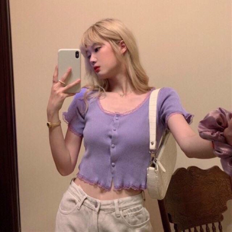 Áo len tăm croptop viền ren cúc bọc, Áo kiểu len mỏng dáng ngắn AL1123 - NhiNhi Shop