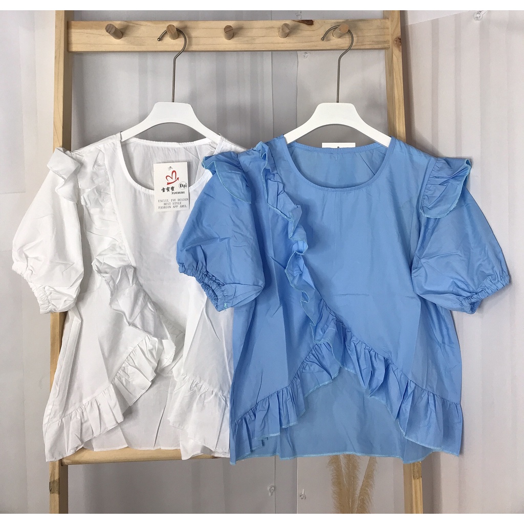Áo sơ mi bèo chéo nữ cộc tay Ylydress màu trắng xanh freesize form rộng đi học đi làm công sở phong cách hàn quốc C468