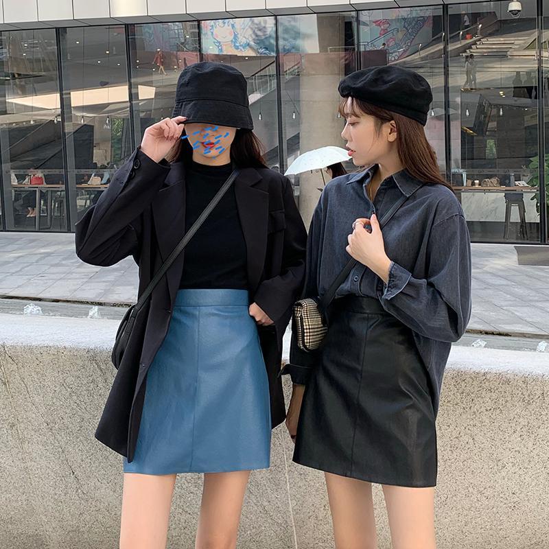 Happy-store  Chân váy da PU Xiaozhainv dáng chữ A thiết kế đơn giản hợp thời trang nữ tính