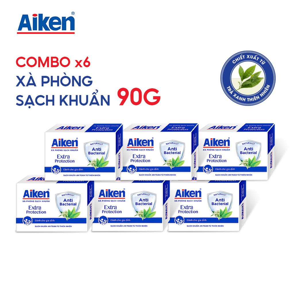 Aiken Combo 6 Xà Phòng Sạch Khuẩn Chiết Xuất Trà Xanh Thiên Nhiên 90G/hộp