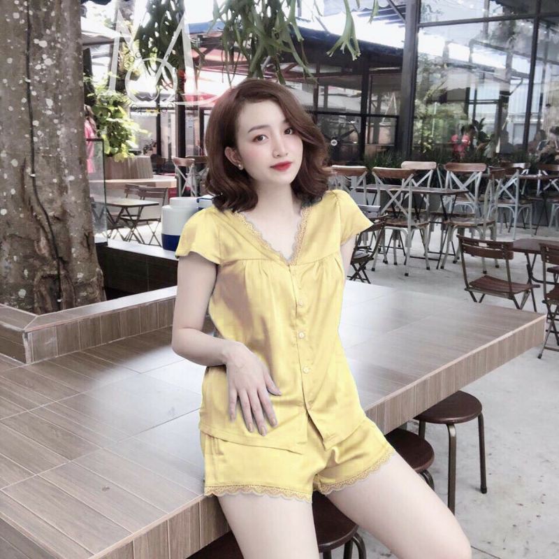 ( có túi quần) Bộ ngủ lụa satin đùi phối ren babydoll | BigBuy360 - bigbuy360.vn