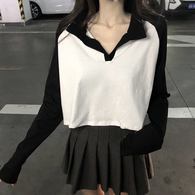 Jiashucheng Áo Thun Ngắn Tay Dài Dáng Rộng Màu Sắc Tương Phản Thời Trang Cho Nữ