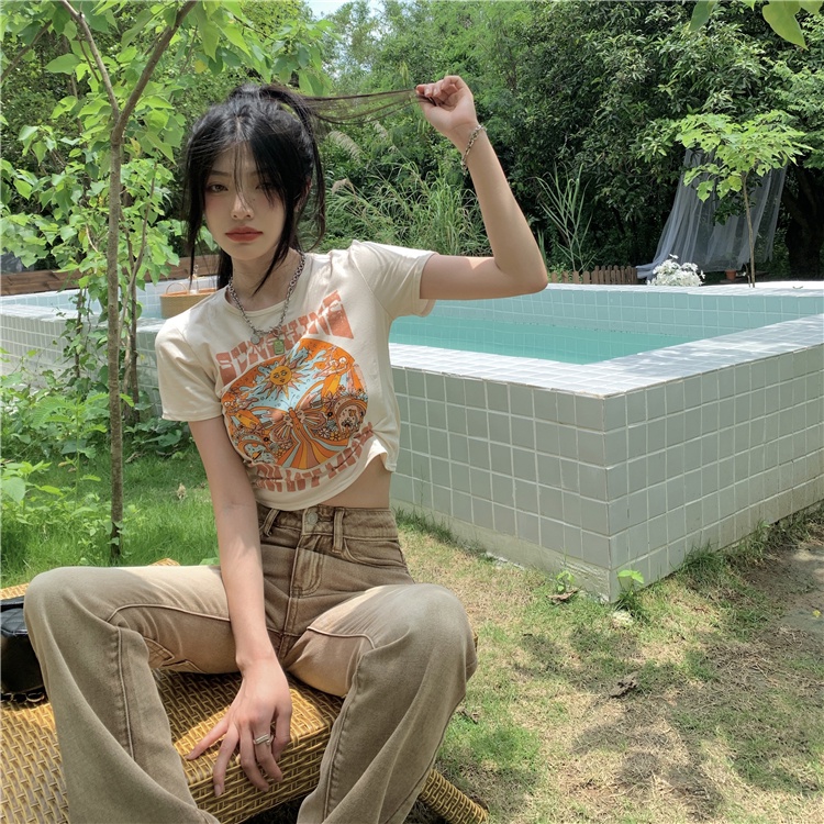 Áo Thun Ngắn Tay In Họa Tiết Phong Cách retro Mỹ Cho Nữ