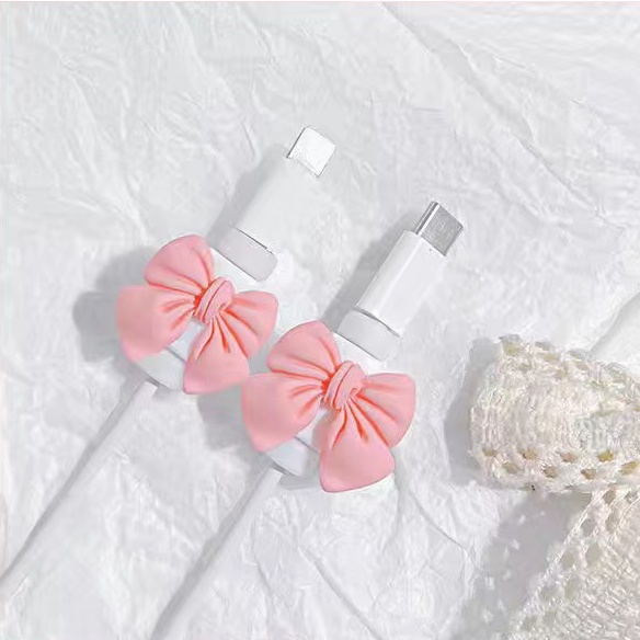 1 Cặp Nút Bảo Vệ Dây Cáp Sạc USB Chống Gãy Hình Nơ Hoạt Hình Đáng Yêu iphone