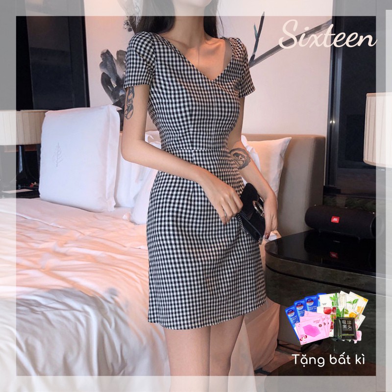 Đầm Nữ, Đầm Nữ Kẻ Caro, Váy Kẻ Chiết Eo Dáng Ôm Phong Cách Nữ Tính, Nhẹ Nhàng SIXTEEN.